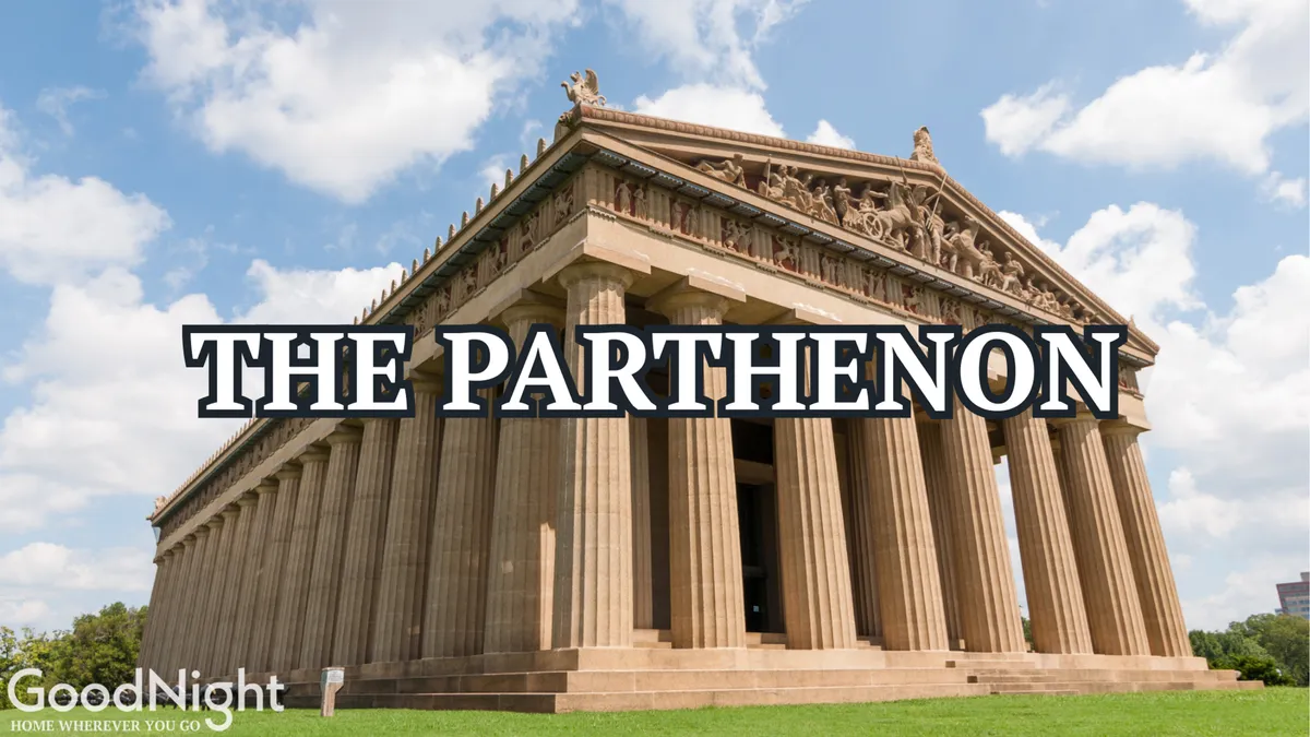 This image features the Parthenon structure in Centennial Park, surrounded by lush greenery and detailed rooftop sculptures. The setting is inviting for families seeking outdoor fun, picnics, and cultural exploration just a short walk from Dolly's Parton-non.