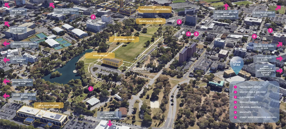 A sweeping view encompasses Vanderbilt University, Centennial Park, Music Row, and Hillsboro Village, capturing the vibrant surroundings with lush parks, cultural landmarks, and famous music institutions. The lively cityscape invites exploration and connects the property to Nashville’s key attractions.